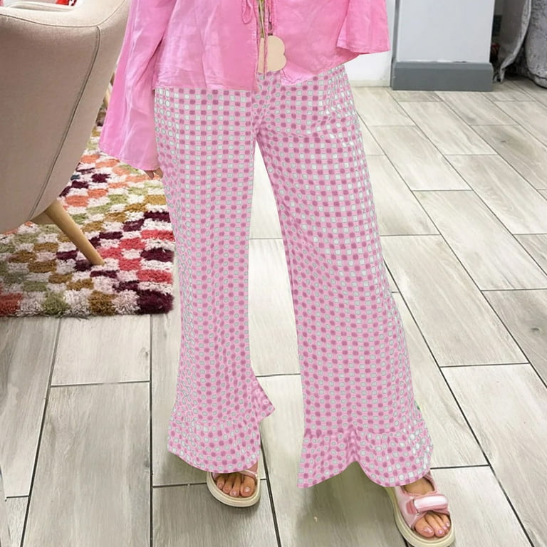 VSSSJ Women's Casual Plaid Flared Pants High Waist Bell Bottom