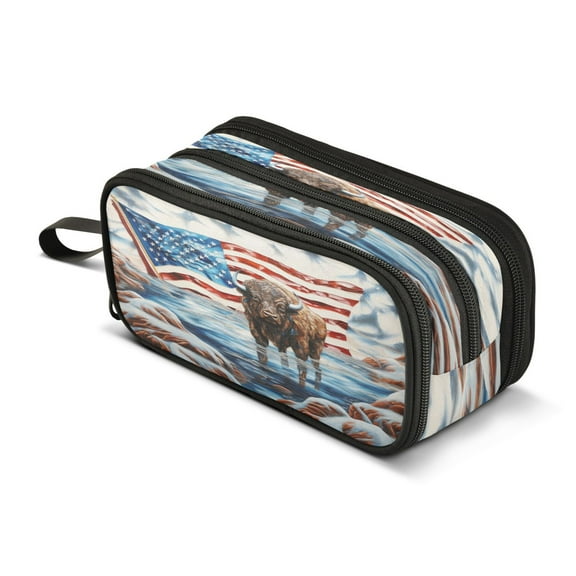 ALAZA Highland Cow America Flag Pencil Case Bag 3 Compartment Pen Pouch Large Storage Holder Box Organizer