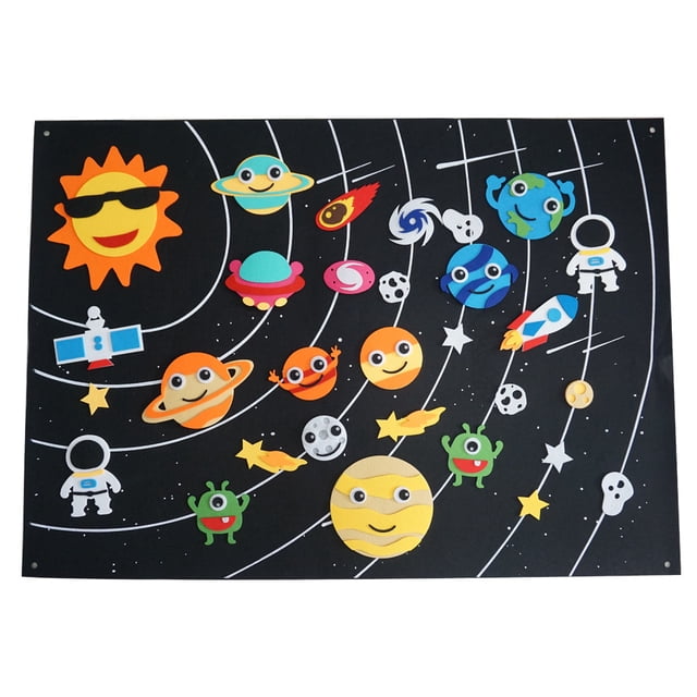 Kit de guión gráfico de fieltro para el espacio exterior, sistema solar de 3,5 pies, historia cósmica, kit de juego interactivo de franela con ganchos, astronauta, planeta, galaxia extraterrestre, regalo de pared reutilizable para niños y niñas, 105*75 cm ER