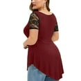 thumbnail image 2 of Mytrendy Women Plus Size Sheer Lace Stitching Short Sleeve Round Neck Pleated Irregular Hem Top Blouse L-5XL, 2 of 4