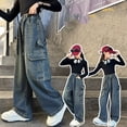 thumbnail image 2 of YUEHUA girls jeans size 16, Girls Casual Denim Pants With Rhinestone Bow Autumn Loose Fit Flared Straight Leg Trousers For Big Kids, 2 of 6
