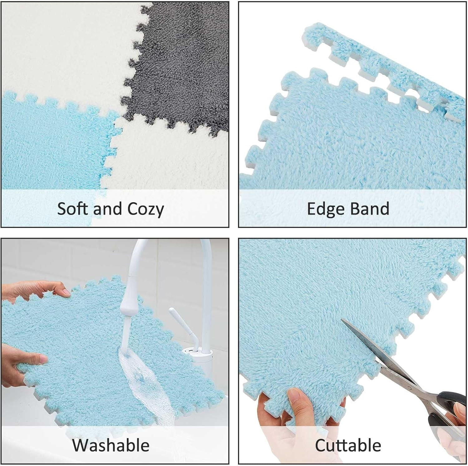 36 Pack Plush Foam Floor Mat Square Interlocking Carpet Tiles with Border Fluffy Play Mat Floor Tiles Soft Climbing Rugs for Bedroom Playroom, 12 x 12 x 0.4 in(White, Mint Green)
