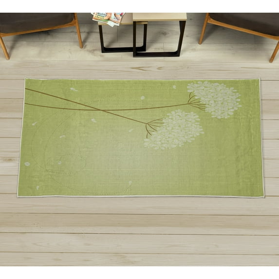 Allium Flower Decorative Rug, Floral Design with Swirl Lines Falling Leaves Autumn Inspired, Quality Carpet for Bedroom Dorm and Living Room, 6 Sizes, Avocado Green, by Ambesonne