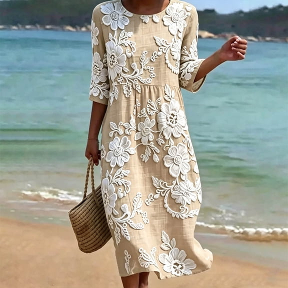 Wovilon Women's Plus Size Round Neck 3/4 Sleeve Embroidered Floral Midi Dress with Side Pockets, Lightweight Relaxed A-Line Casual Summer Vacation Long Dress