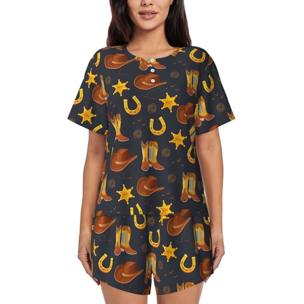 Fotbe Wild West Golden Horseshoe Conjunto de Pijama Estampado para Mujer, 2 Piezas, Ropa de Dormir con Camiseta de Manga Corta y Shorts Suaves-Small