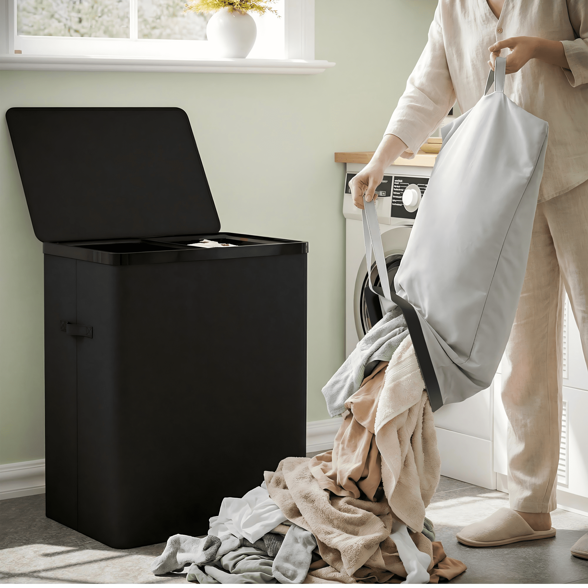 BGTREND 150L Double Laundry Hamper with Lid, 2 Removable Washing Bags with Handles, Large Clothes Sorter for Easy Separation (Black)