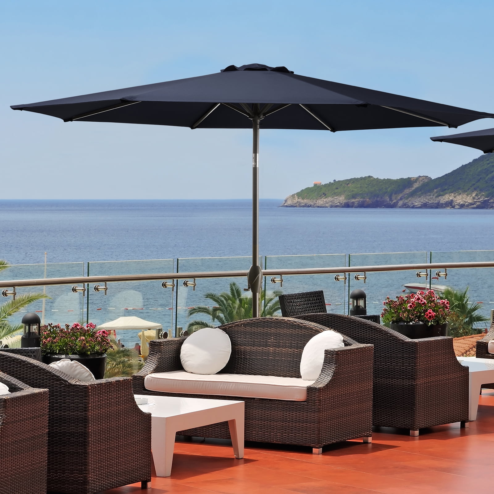 JUSTLET 10ft Patio Umbrella w/ Easy Crank & Tilt, 8-Rib Heavy-Duty Market Umbrella - Outdoor Umbrella for Backyard, Garden, Patio, Deck, Cafe, and Restaurant, Deck & Backyard - Navy Blue