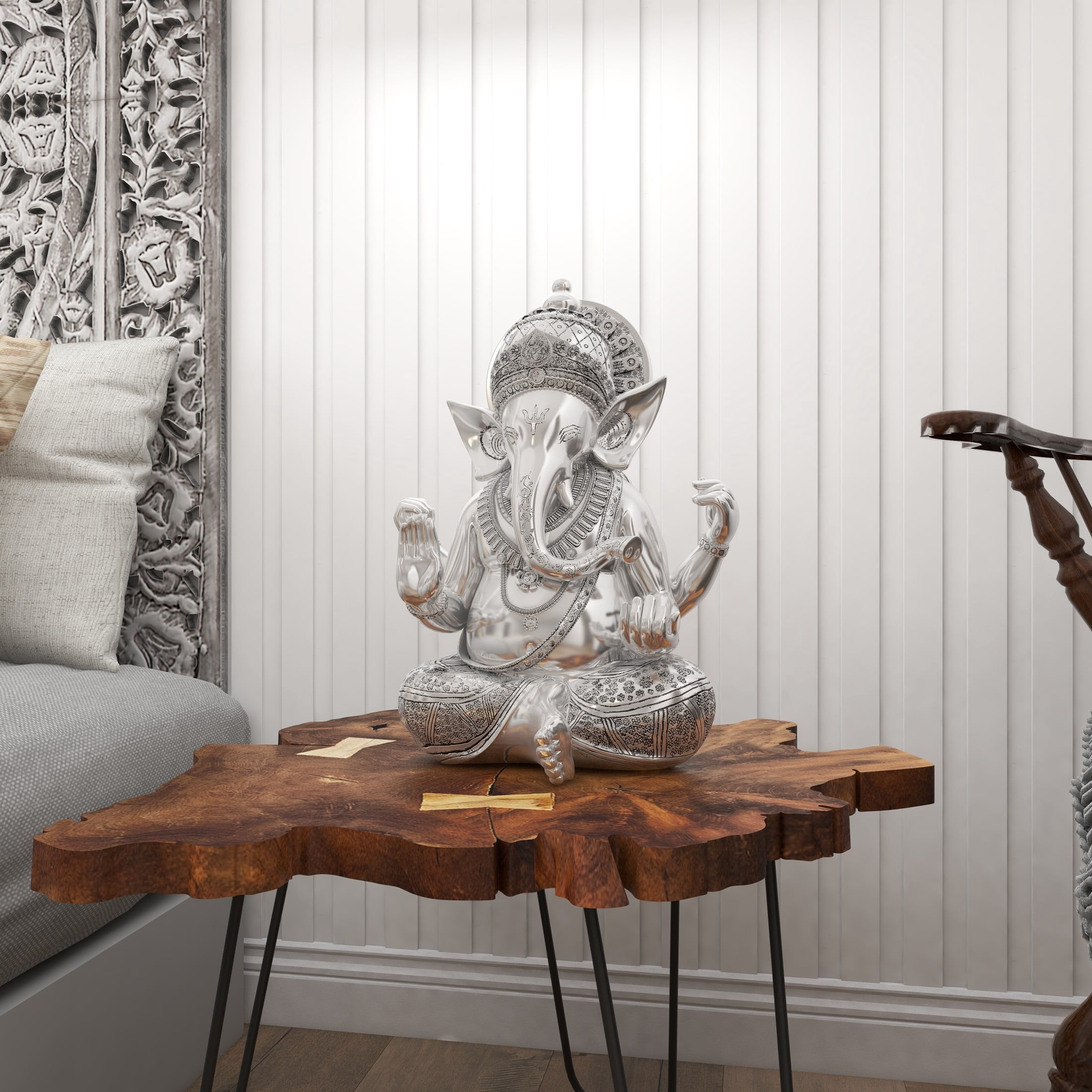 12" x 16" Silver Polystone Meditating Ganesh Sculpture with Engraved Carvings, by DecMode