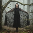 thumbnail image 5 of Jiibva Halloween Bat Print Mesh Cape Gothic Hooded Witch Cloak Black 190cm, 5 of 7