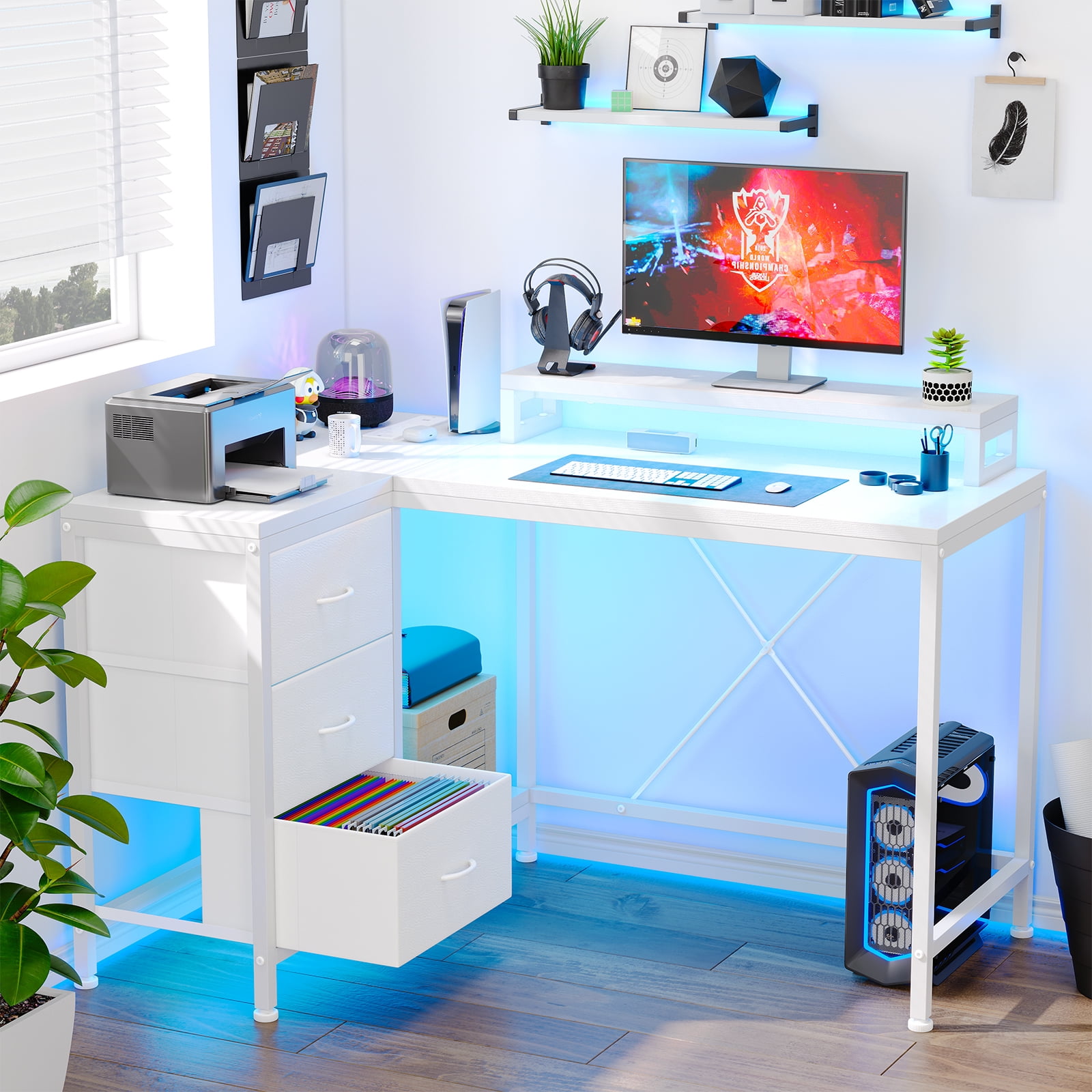 AOILE Computer Desk with Power Outlets & LED Lights | Modern L-Shaped Desk with Three Drawers, Adjustable Riser, and Easy Assembly, Ideal for Corner, Gaming, and Home Office Use