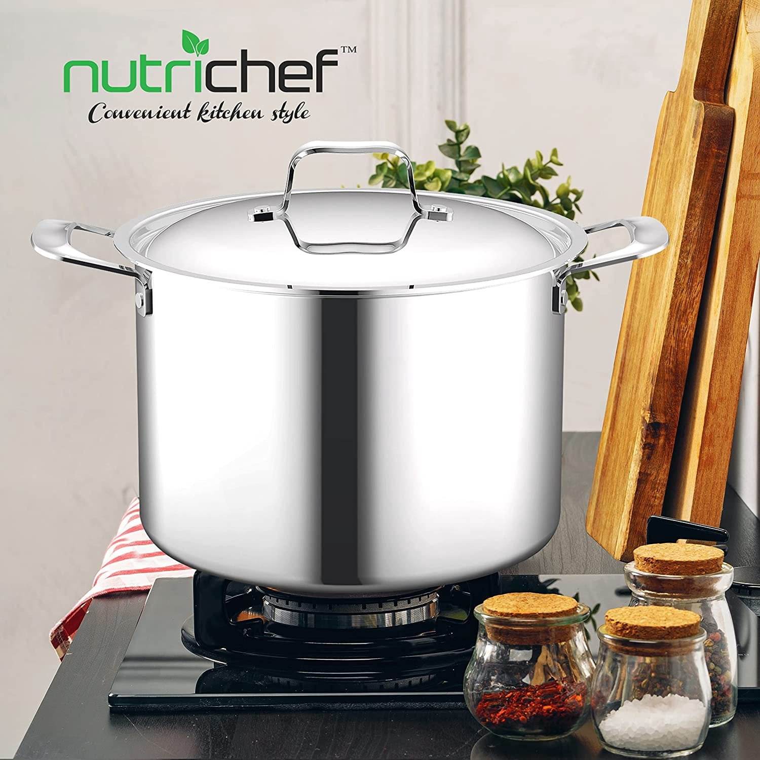 NutriChef 8-quart Stockpot Stainless-Steel Stain-Resistant Pot Kitchen Cookware W/ Satin Interior