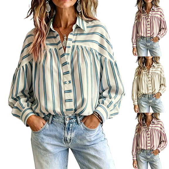 Boho Striped Button Down Shirt for Women, Vintage Long Sleeve Puff Sleeve Blouse, Oversized Loose Fit Casual Tops, Fall Fashion Tunic Blue L