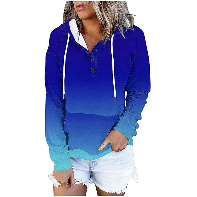 JGGSPWM Womens Gradient Printed Hoodies Button Collar Drawstring Hooded Pullover Sweatshirt Casual Long Sleeve Tops Shirts Blue XL