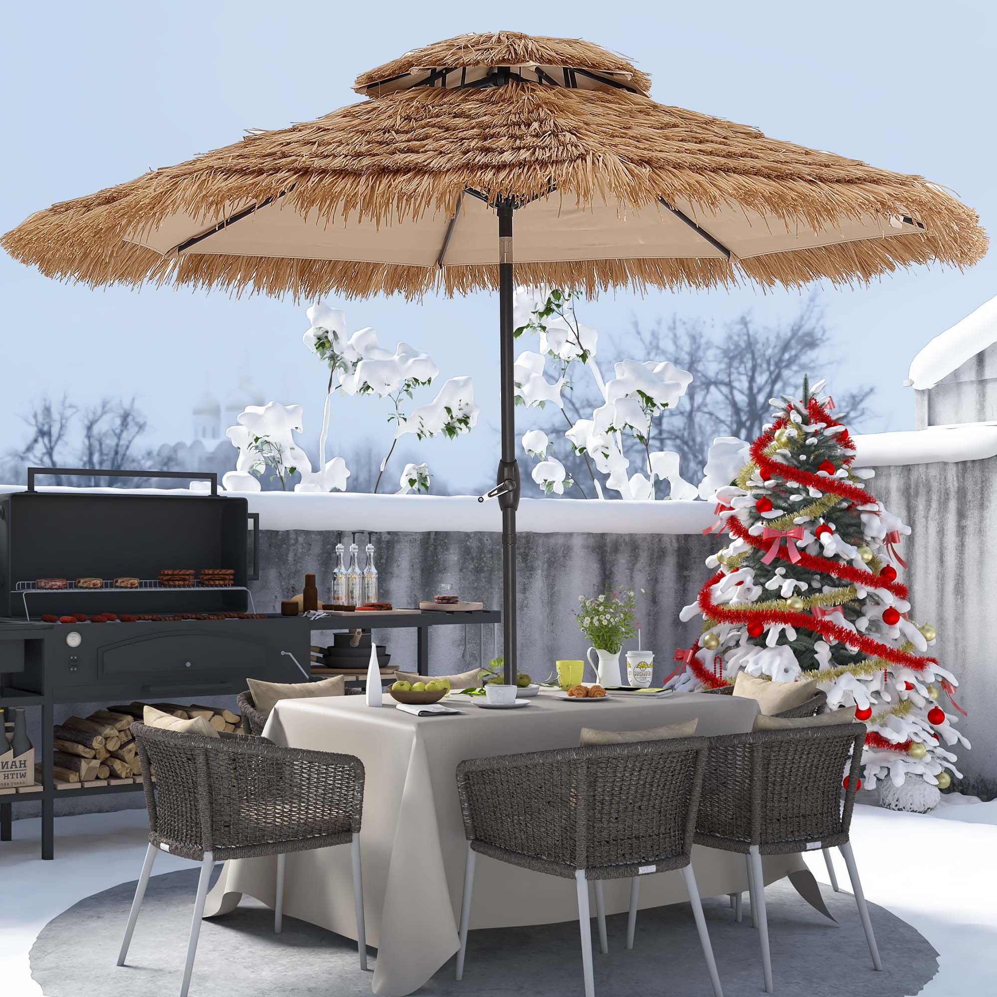 Autlaycil 9 ft Hula Tiki Outdoor Umbrella, 2-Tier Thatched Beach Umbrella, Pool, Patio, Yard, Garden