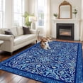 thumbnail image 3 of Bohemian Abstract Blue Floral Washable Living Room Rugs 6'x9', Retro Boho Tribal Ethnic Geometric Flower Low Pile Throw Large Area Rug Non-Slip Sturdy Edge Binding Carpet for Dining Room Kitchen, 3 of 9