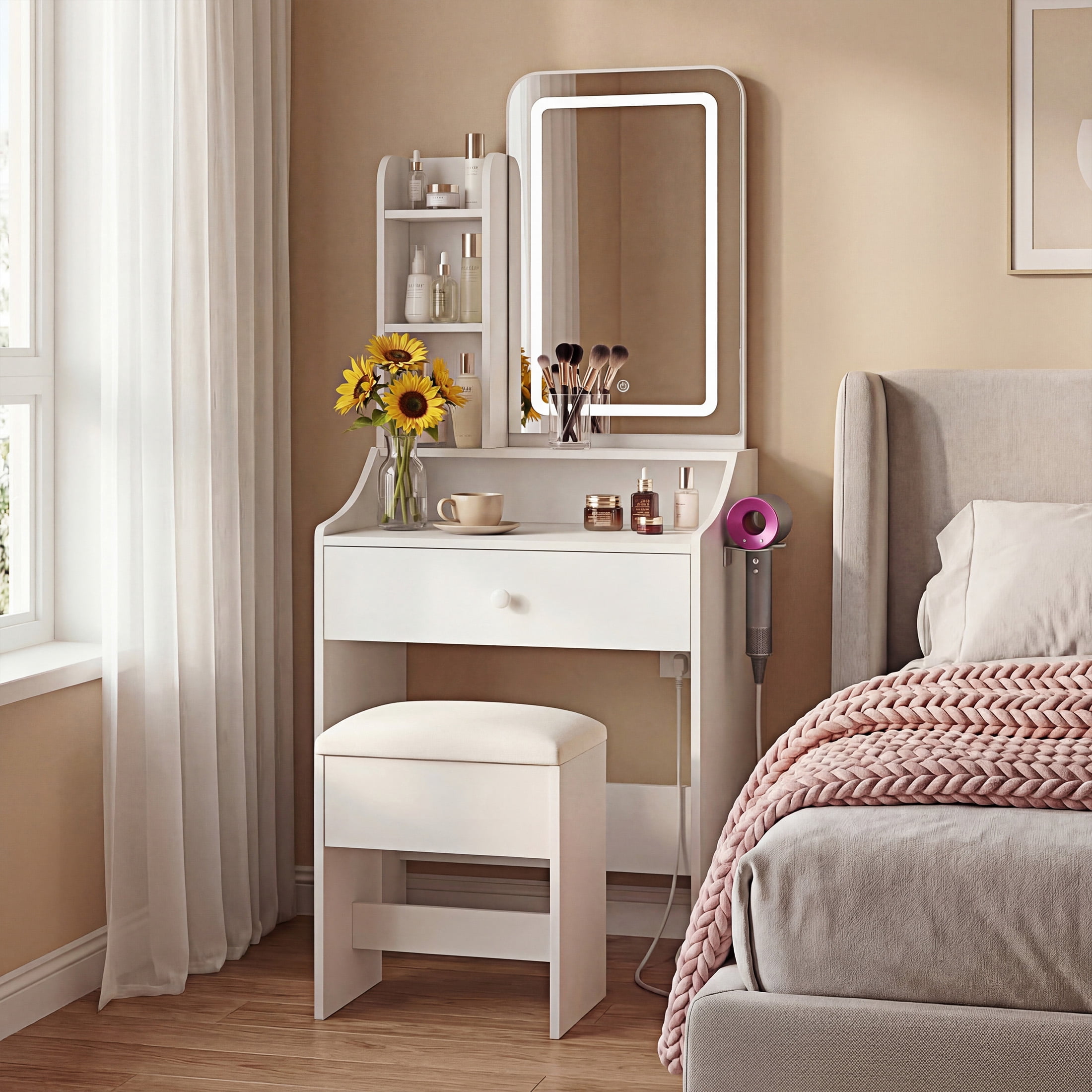 EDX 24" Makeup Vanity Table and Chair Set,  Modern Vanity Desk with Mirror,  Power Outlets&3 Lighting Modes,  White