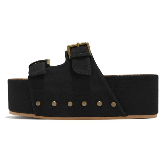 YDN Women Double Buckle Strap Mid Heeled Mules Rivets Platform Slip On Open Toe Slippers Shopping Prom Dressy Shoes Size 7 Black