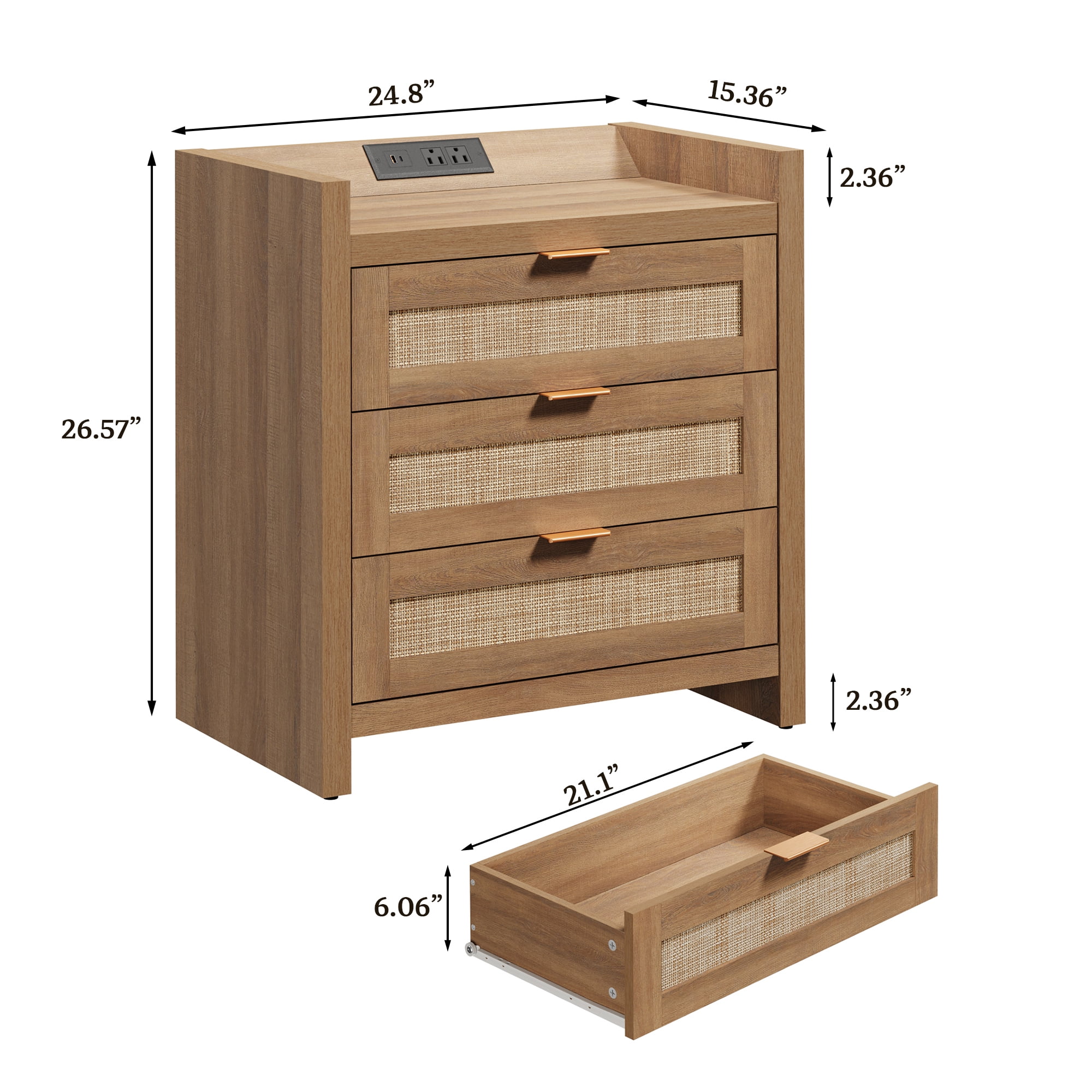 SICOTAS 26.57"H Tall Boho Nightstands Set of 2 with 3 Drawers, Rattan Nightstands with Charging Station and Type-c Ports Rattan End Table Beside Table for Bedroom Enrtyway Living Room, Natural Oak