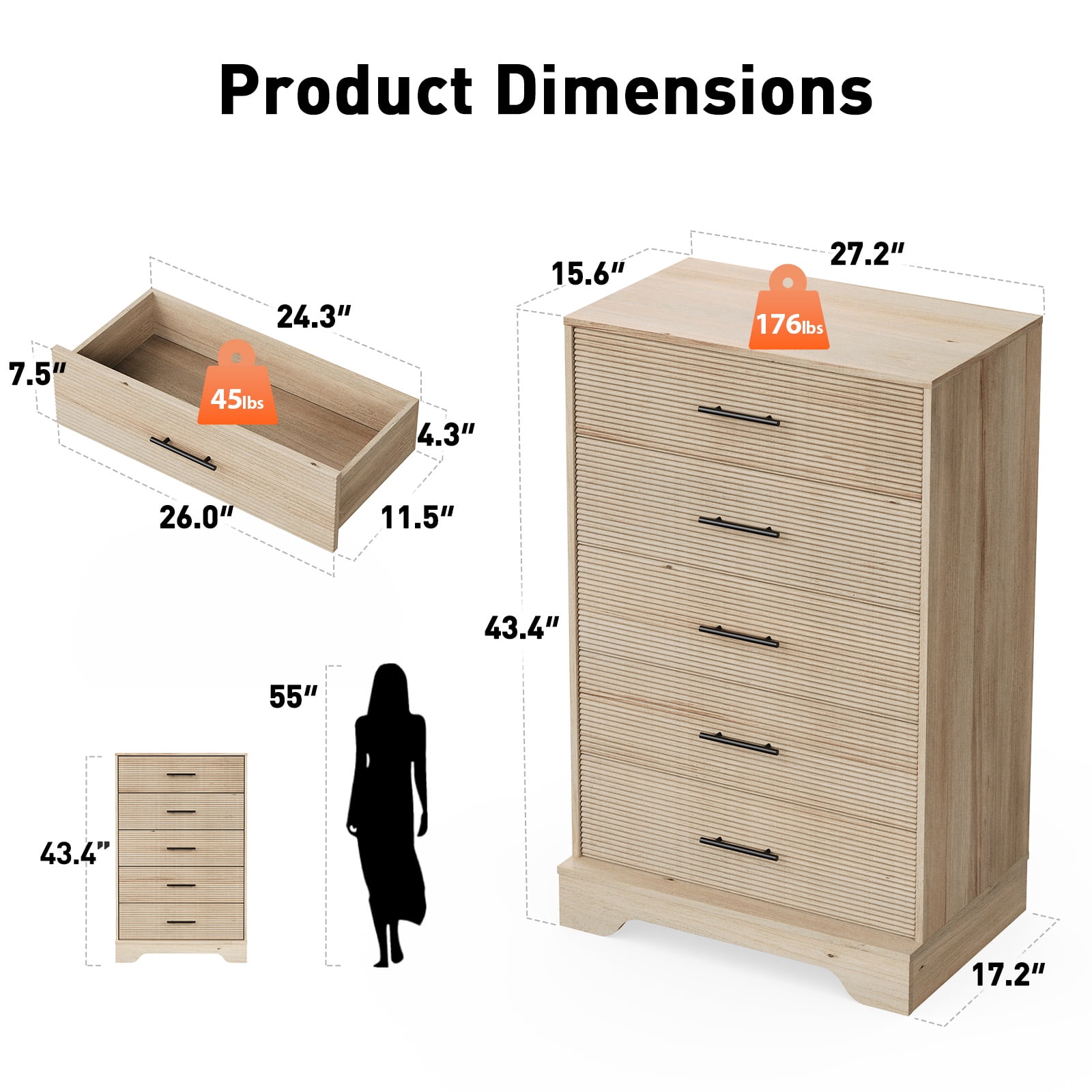 CHITOOMA 5 Drawer Dresser Wooden, Fluted Tall Dresser for Bedroom, Chest of Drawers for Living Room Hallway, Natural