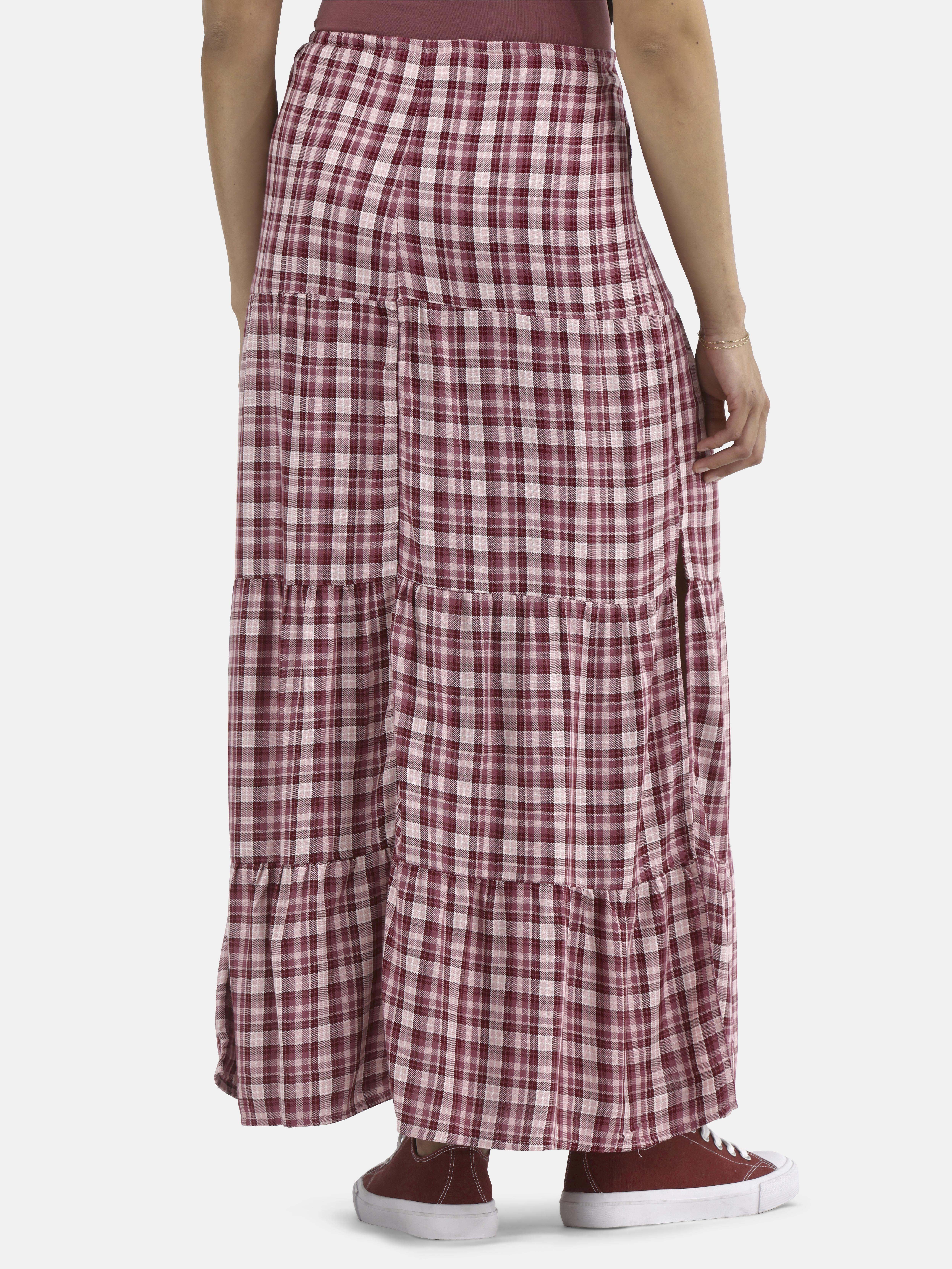 No Boundaries Woven Plaid Tiered Maxi Skirt, Women's