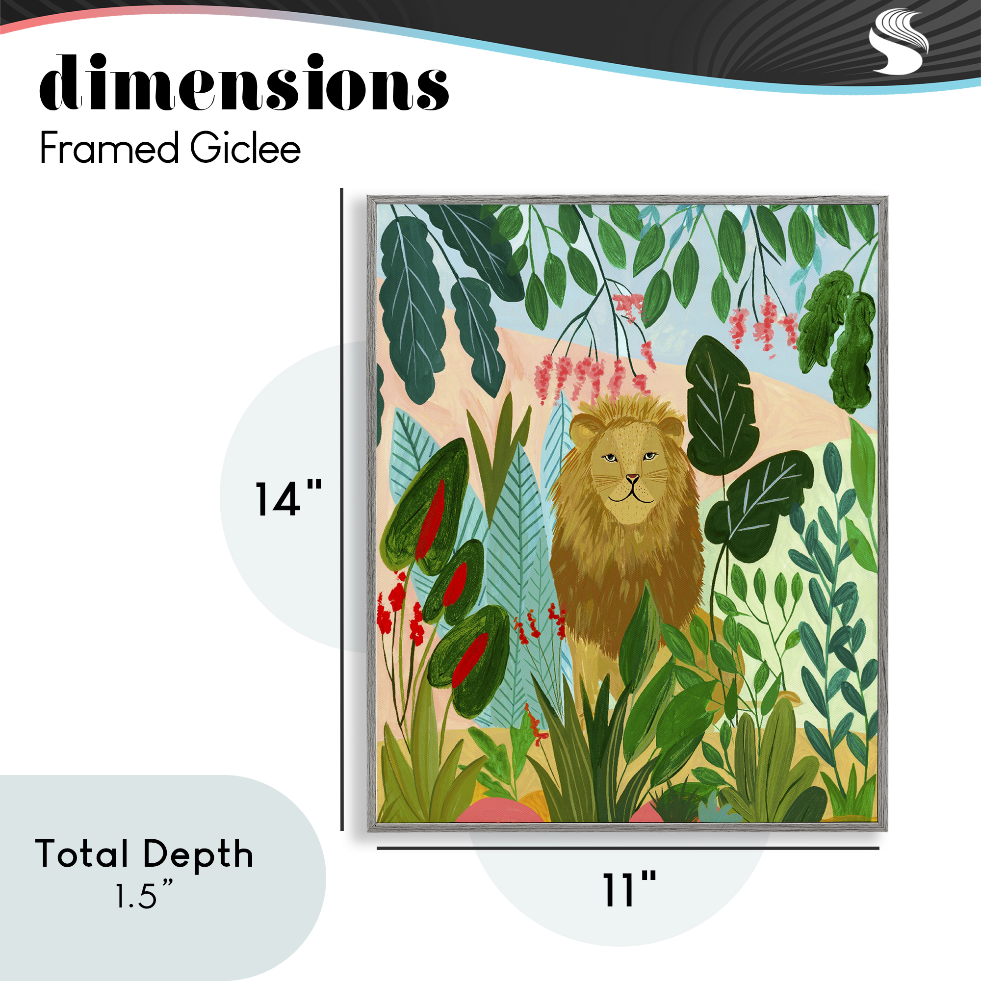 Stoic Lion Tropical Forest Gray Framed Giclee Art, design by Nabeela Rumi