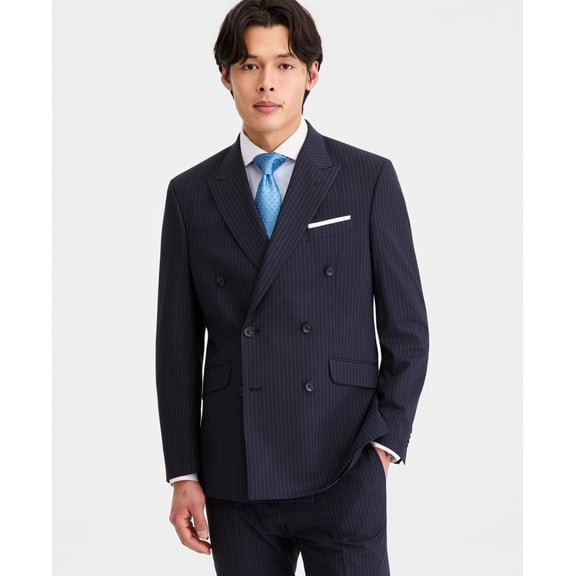 Kenneth Cole Mens Slim fit Double Breasted Suit Jacket Blazer 48 R Blue Striped