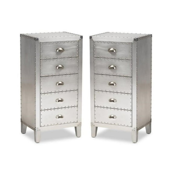 Home Square 5-Drawer Metal Accent Chest Set in Carel Silver (Set of 2)
