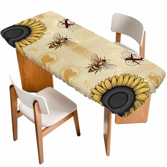 Farmhouse Sunflowers Table Cloths for 8 Foot Rectangle Tables, Vintage Bees Airplane Country Floral Patio Waterproof Elastic Fitted Tablecloths, Washable Rectangular Table Cover for Camping