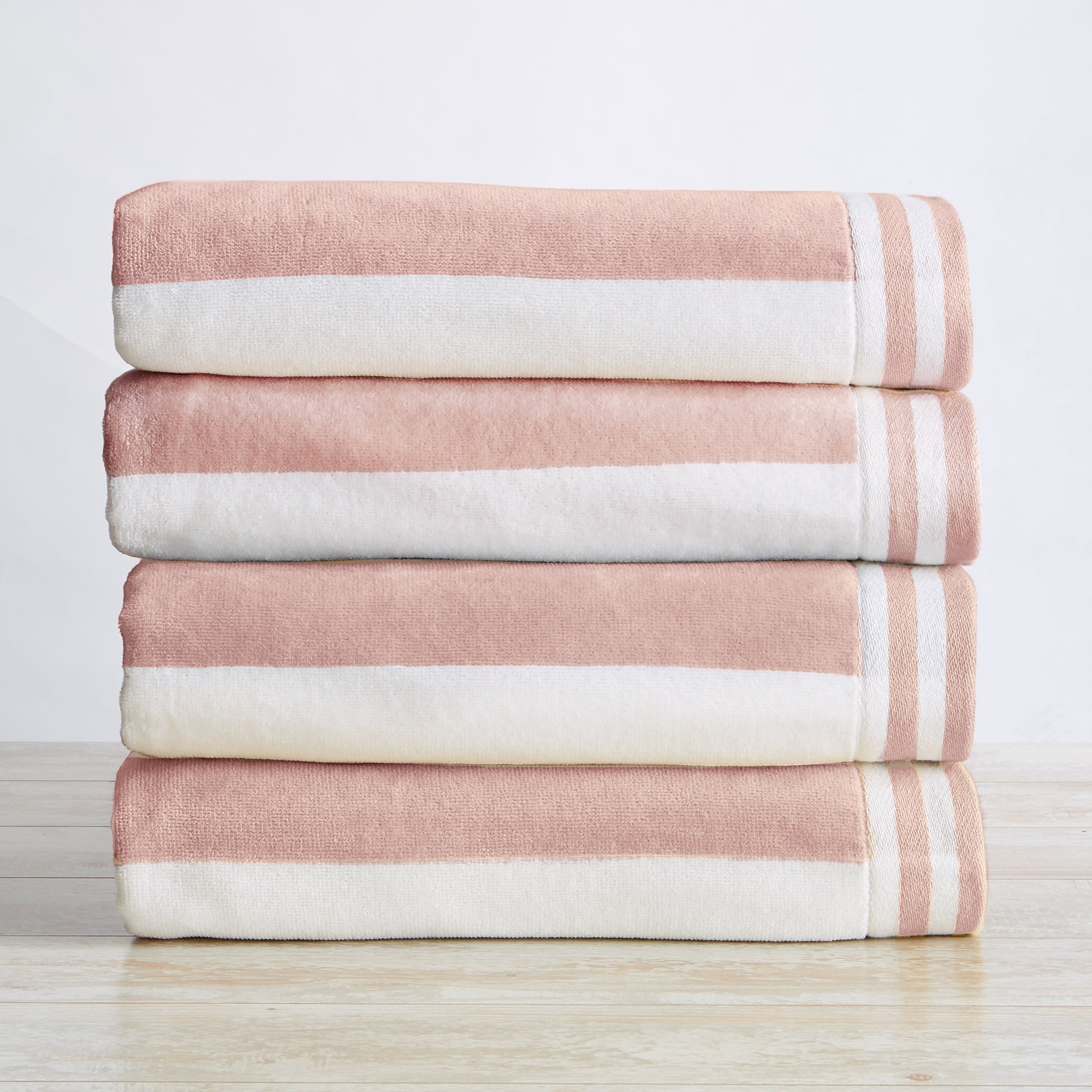 100% Cotton Cabana Stripe Oversized 4 Pack Beach & Pool Towel (4 Pack- 35" x 70", Dusty Rose / White)