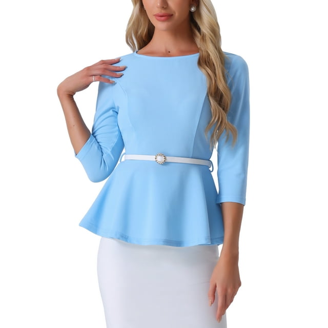 INSPIRAR CHIC Blusas Peplum para Mujeres de Manga 3/4 con Cinturón Elegante para Trabajo XL Azul Cielo