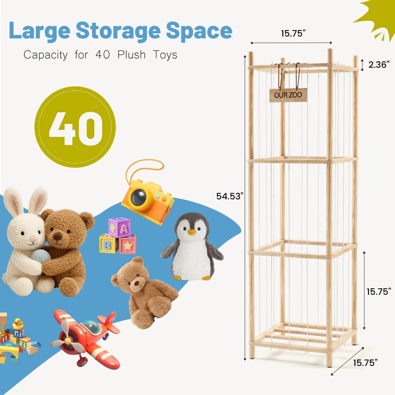 Gianna Stuffed Animal Storage, 54-Inch Plushies Storage, Features Solid Wood Frame & Secure Elastic Nets, Ideal for Toy Organizers in Playroom, Bedroom, or Nursery，Wood