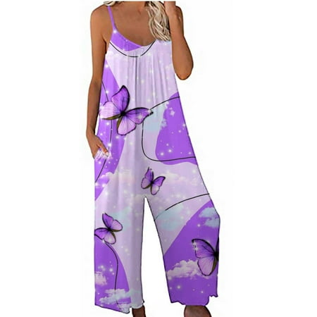 

Jsezml Womens Casual Sleeveless Strap Loose Adjustable Jumpsuits Shiny Butterfly Print Loose Fit Rompers with Pockets
