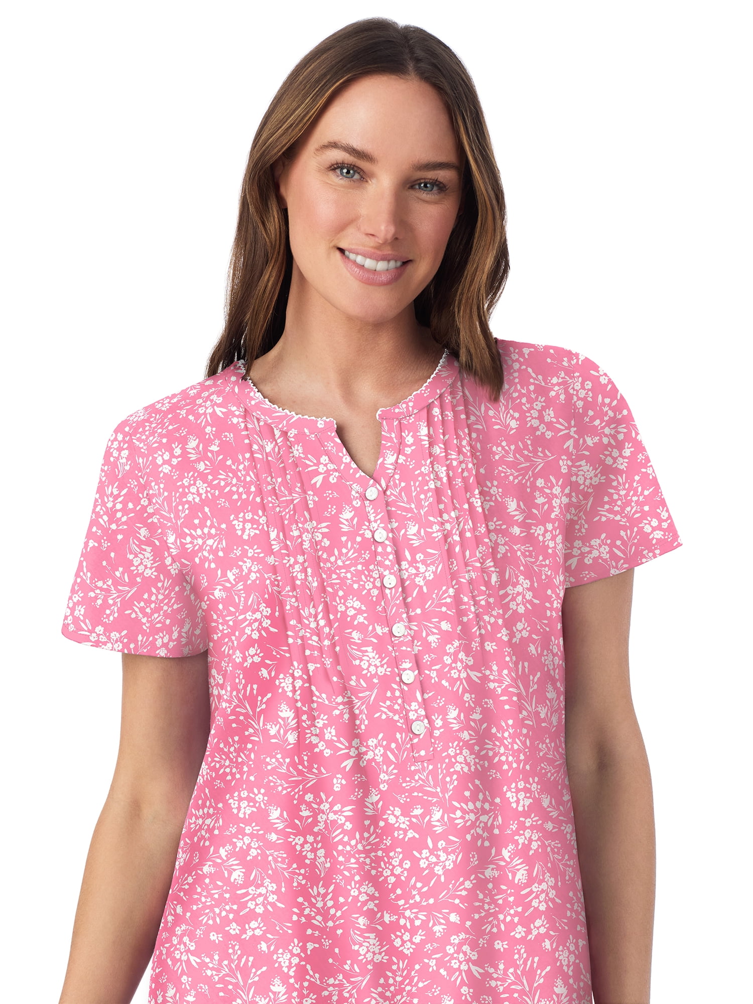 Aria Women’s Short Sleeve Split Neck Henley Nightgown 40”, Sizes XS to 5X