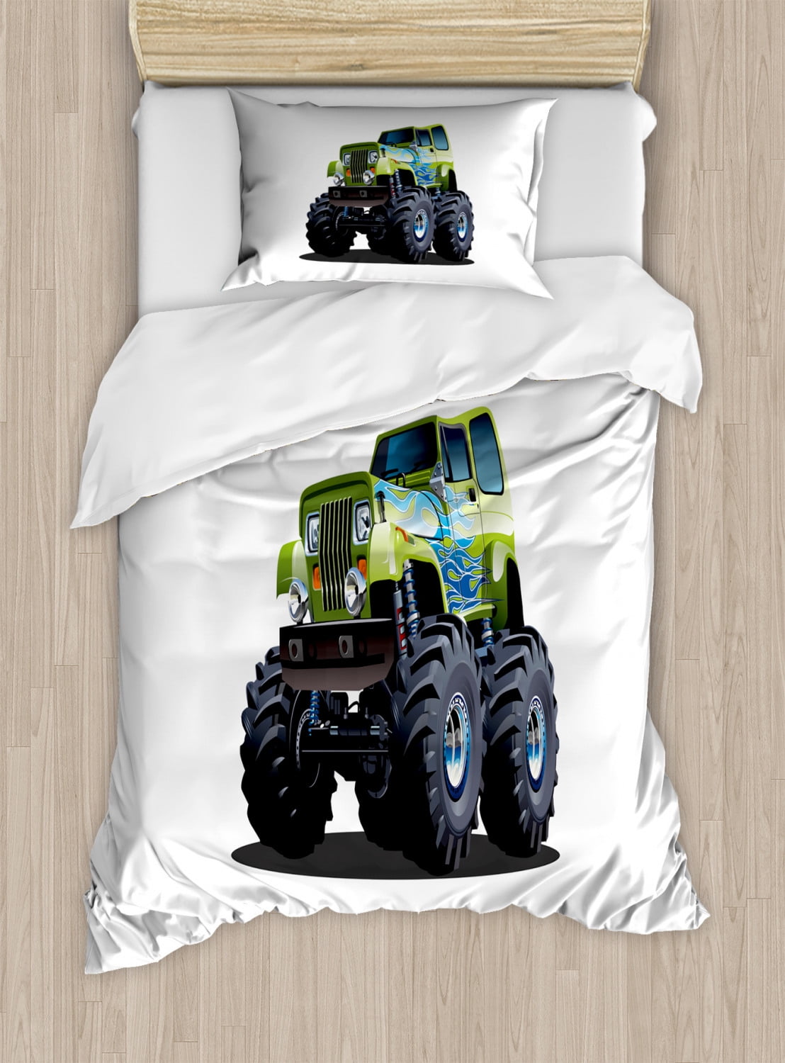 Truck Twin Size Duvet Cover Set, Cool Monster Truck Boyhood Dreams