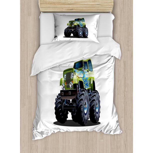 Truck Twin Size Duvet Cover Set, Cool Monster Truck Boyhood Dreams