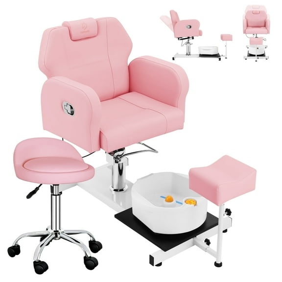 FAYEAN Professional Pedicure Station, Reclining Adjustable Swivel Chair with Massage Foot Basin and Stool, No Plumbing Needed