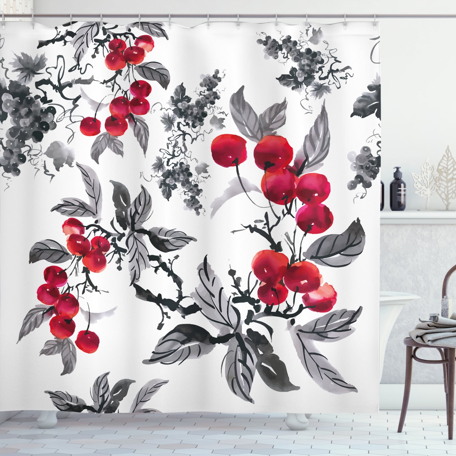 Rowan Shower Curtain, Artwork of Mountain Ash Plants Watercolor