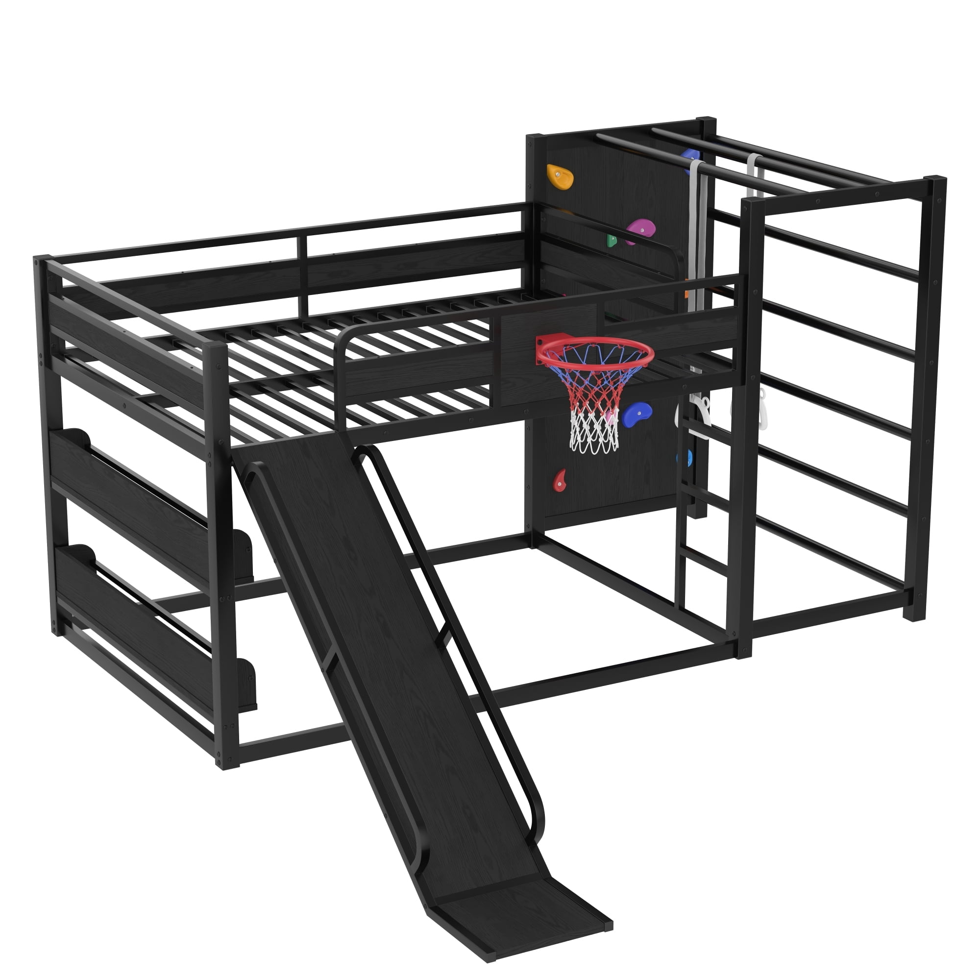 Full Size Loft Bed with Basketball Hoop, Pull-up Rings and Climbing Wall, Metal Loft Bedframe with Bulit-in Bookshelves, Kids Playhouse Bed with Slide for Boys Girls