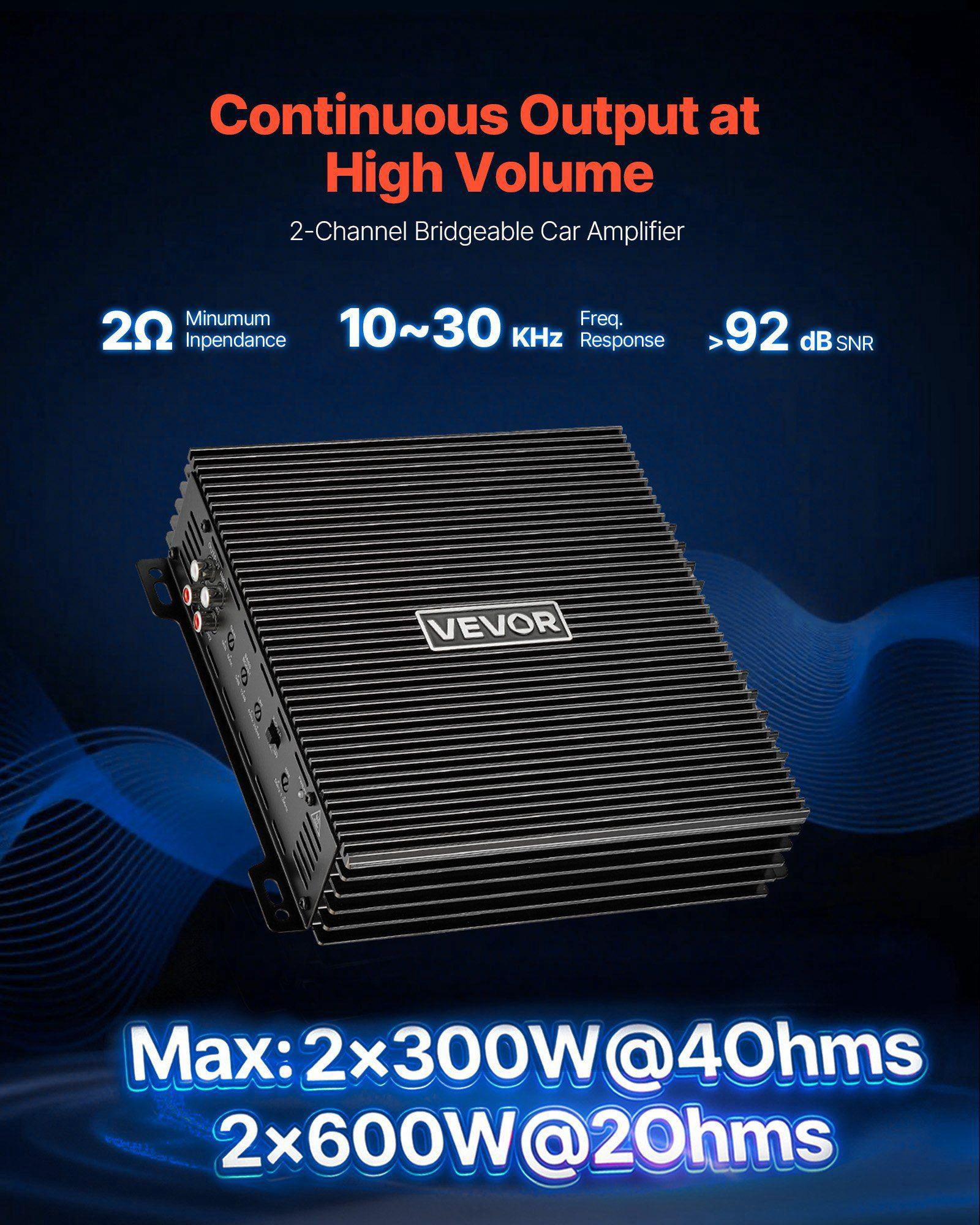 2 Channel Car Audio Amplifier 2 Ohm Stable Bridgeable Class A/B Full Range Stereo Amp Max Power 2 x 300W at 4 Ohm 2 x 600W at 2 Ohm for Car SUV Truck Off Road