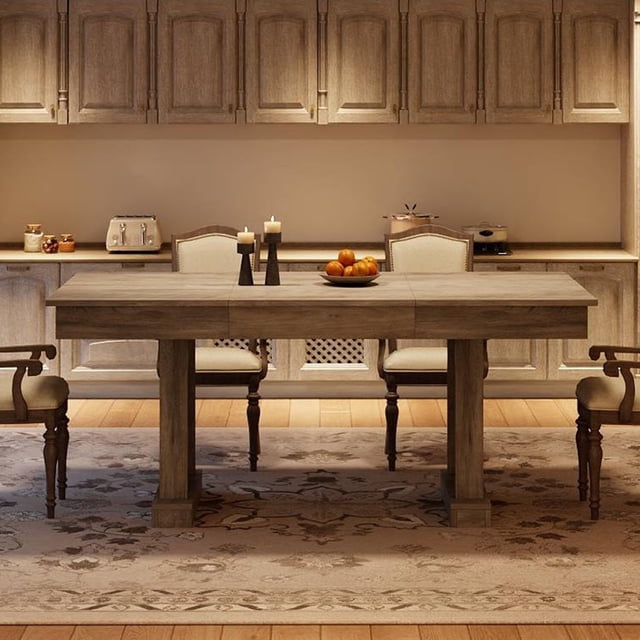 Ourlova Dining Table for 6 to 8 with 2 Drawers Wooden Kitchen Table with Double Pedestal Large Tabletop 8 Ft Large Rectangular Dinner Table with Sturdy Frame for Kitchen Office-Rustic Gray