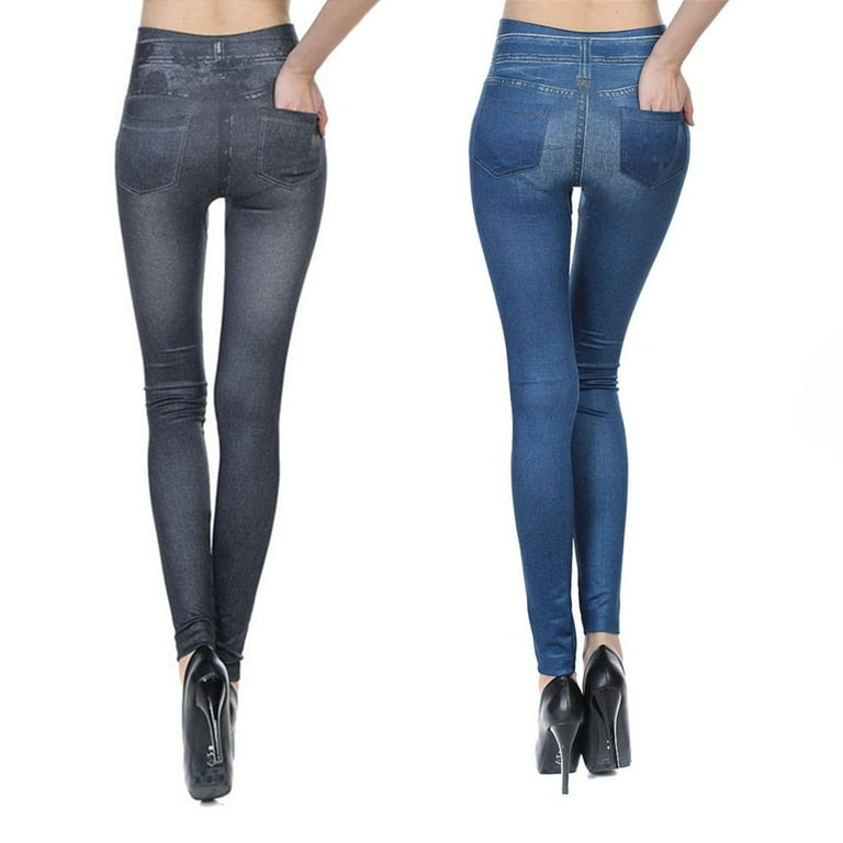 Women's Denim Print Fake Jeans Look Like Leggings Sexy Stretchy High Waist  Slim Skinny Jeggings with Pockets, S-3XL 