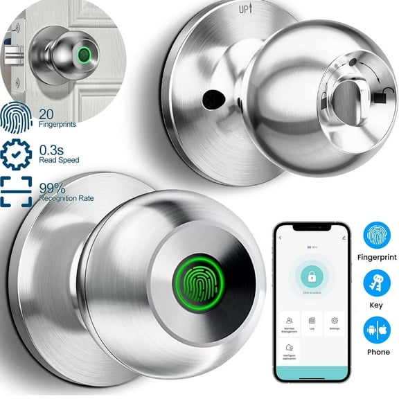 Jowenia Smart Door Lock, Fingerprint Door Lock Knob with Lock & Key App Control, for Doors with Thickness of 33-55mm for Home, Cloakroom, Offices, Hotels, Bedroom - Silver