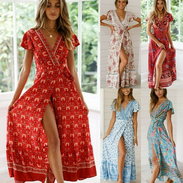 Pudcoco Women Holiday Floral Printed Wrap Boho Maxi Dress Ladies Sundress Casual Beach Party Long Maxi Dress Green