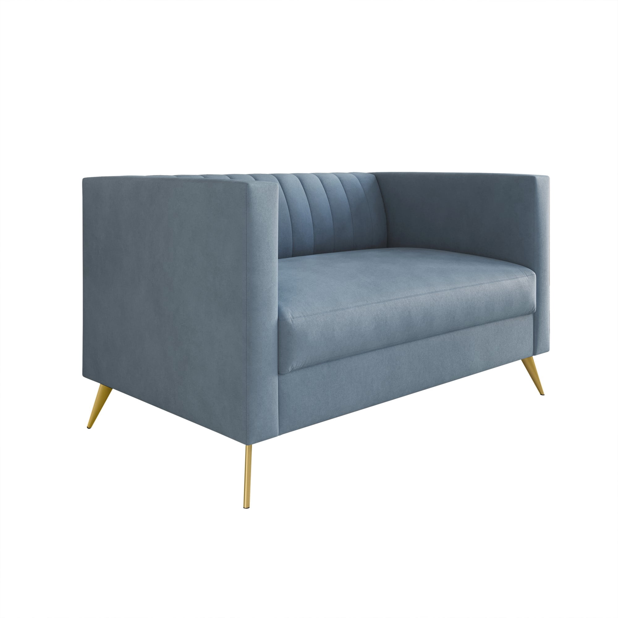 Home Design Weiss Velvet Square Arm Loveseat with Channel-Tufted Back and Gold Metal Legs, Modern Upholstered Living Room Seating, Blue