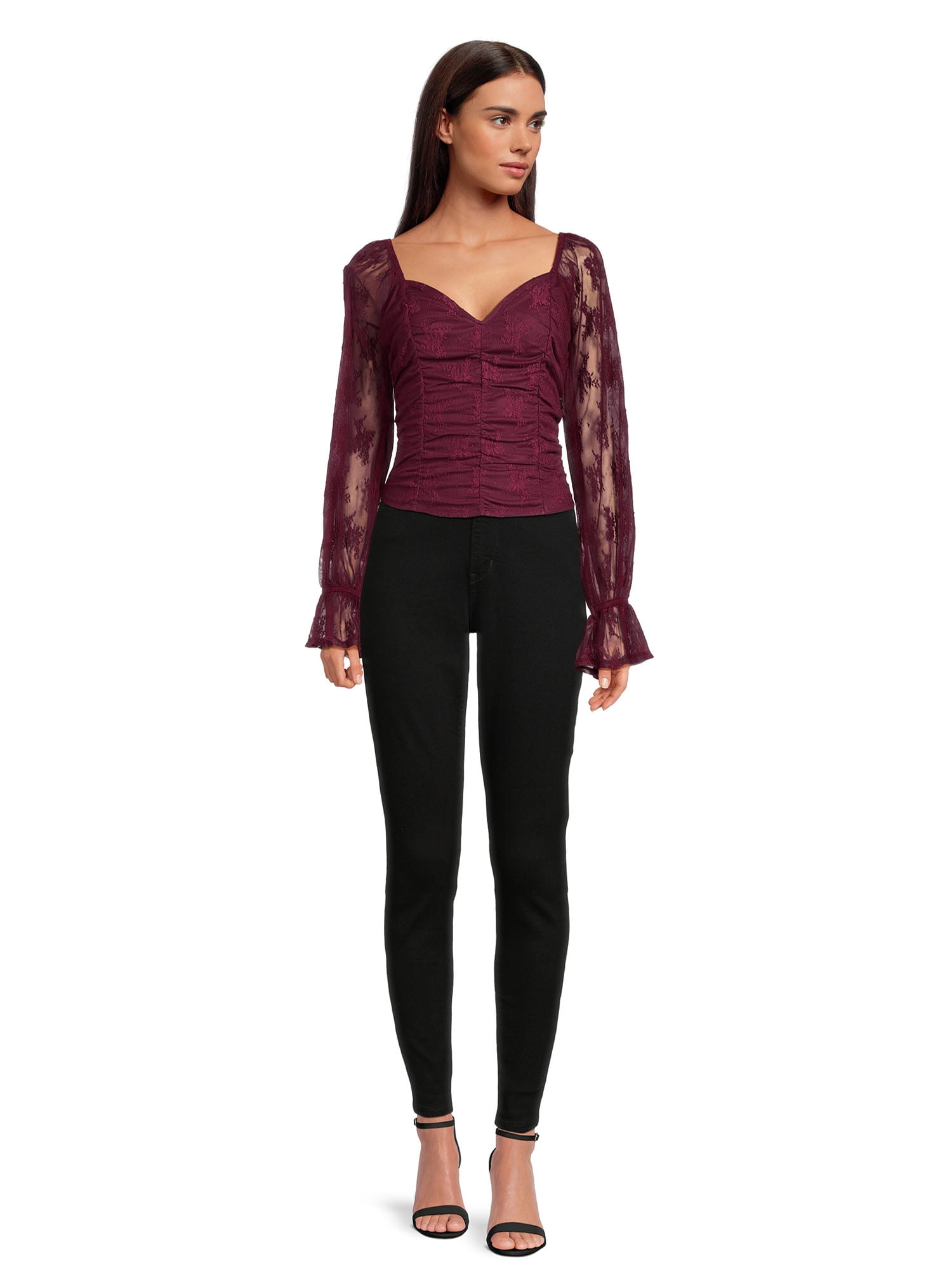 Self Esteem Juniors Shirred Bodice Crop Top with Blouson Sleeves