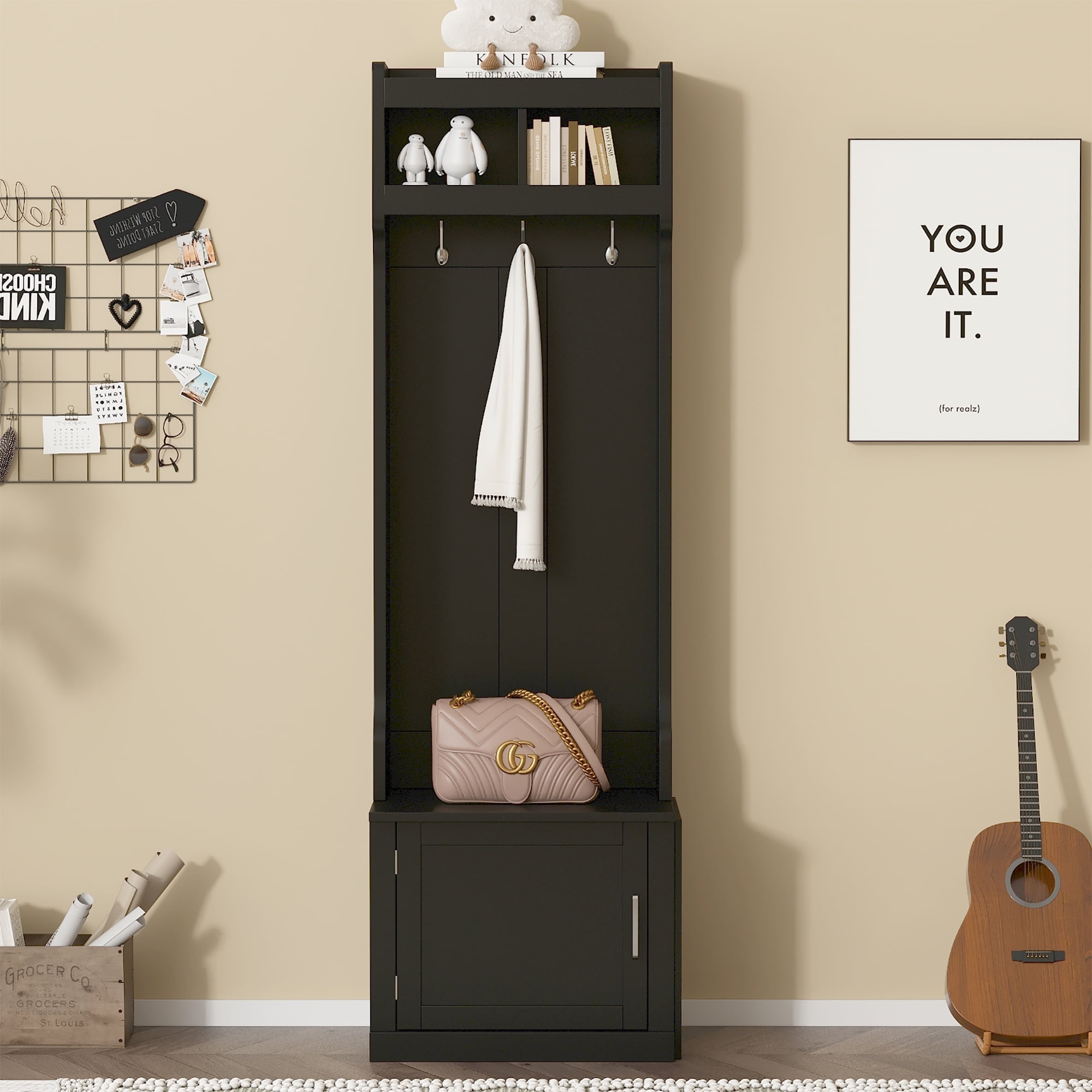MAYEERTY Minimalist Hall Tree: Slim Cabinet, Multi-functional Storage Bench with Coat Rack, 6 Hooks, Black
