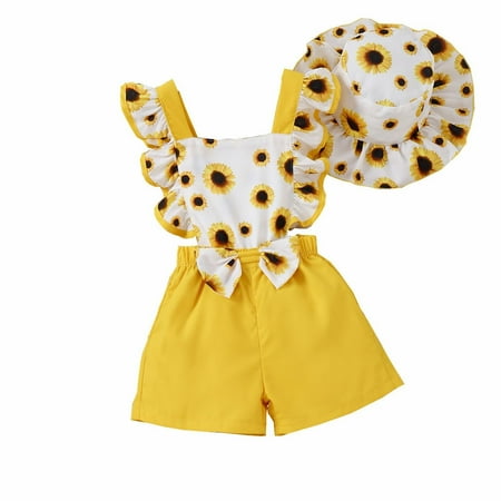 

Summer Girls Jumpsuit Shorts Small And Medium Sized Children s Sunflower Printed Ruffle Edge Suspender Backless Jumpsuit+hat