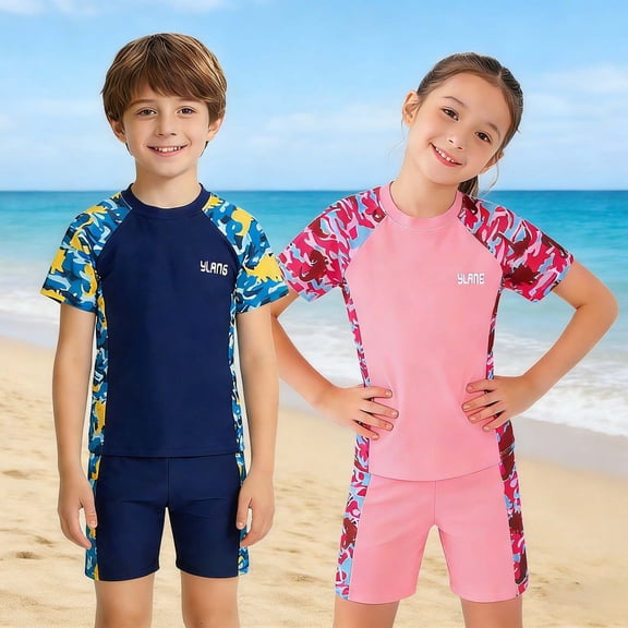 SOFTCCLO Girls Swimsuit Two Piece Printed Short Sleeve Top Shorts Swimming Set Conservative Casual Swimwear for Kids Size 7-8Y