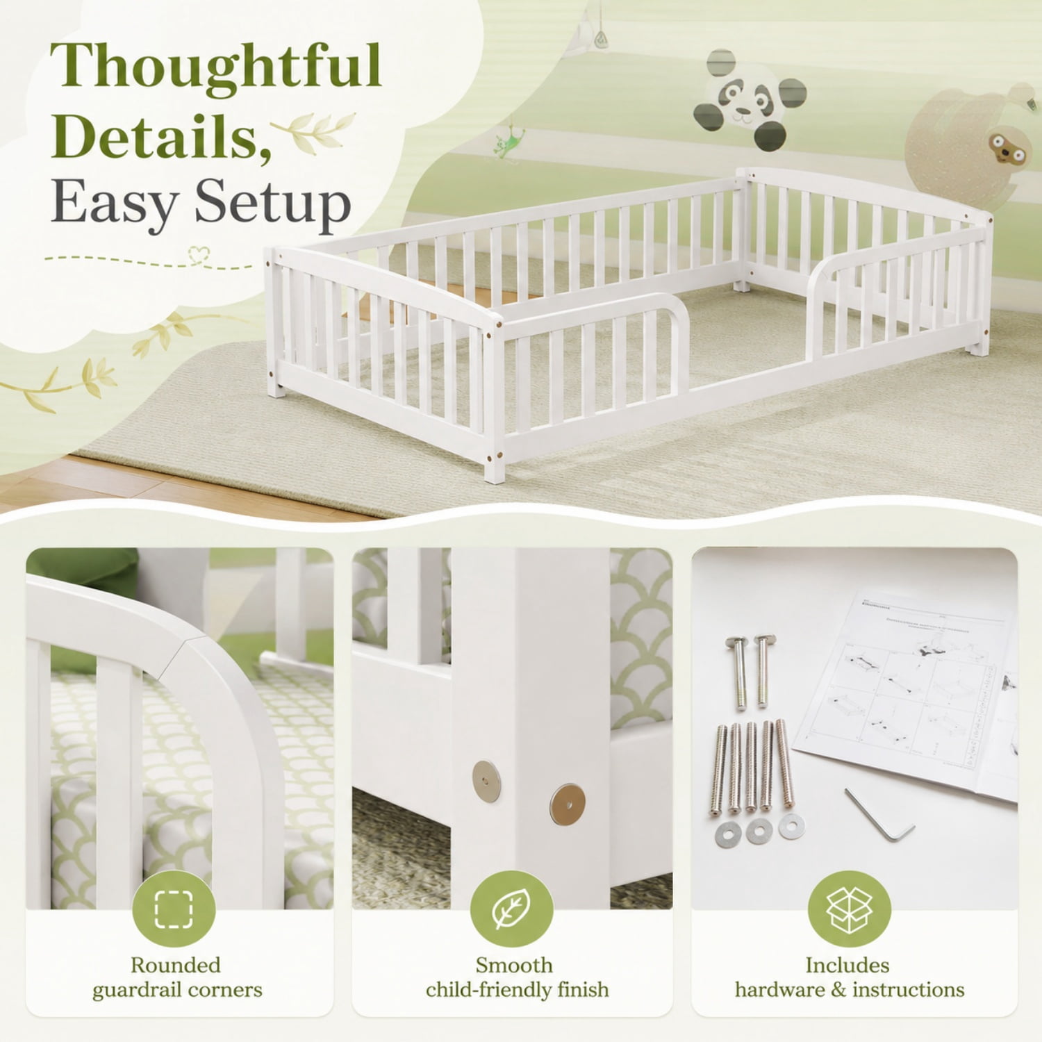 Miniyam Twin Kids Floor Bed with Guardrails, Pine Wood Montessori Bed Frame with Rounded Opening, White