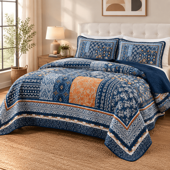 Navy Blue Queen Size Boho Patchwork Microfiber Quilt Bedspread Set
